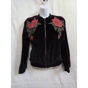 JACK by BB Dakota Velvet Bomber Jacket Black Red Rose Floral Embroidered Y2K XS